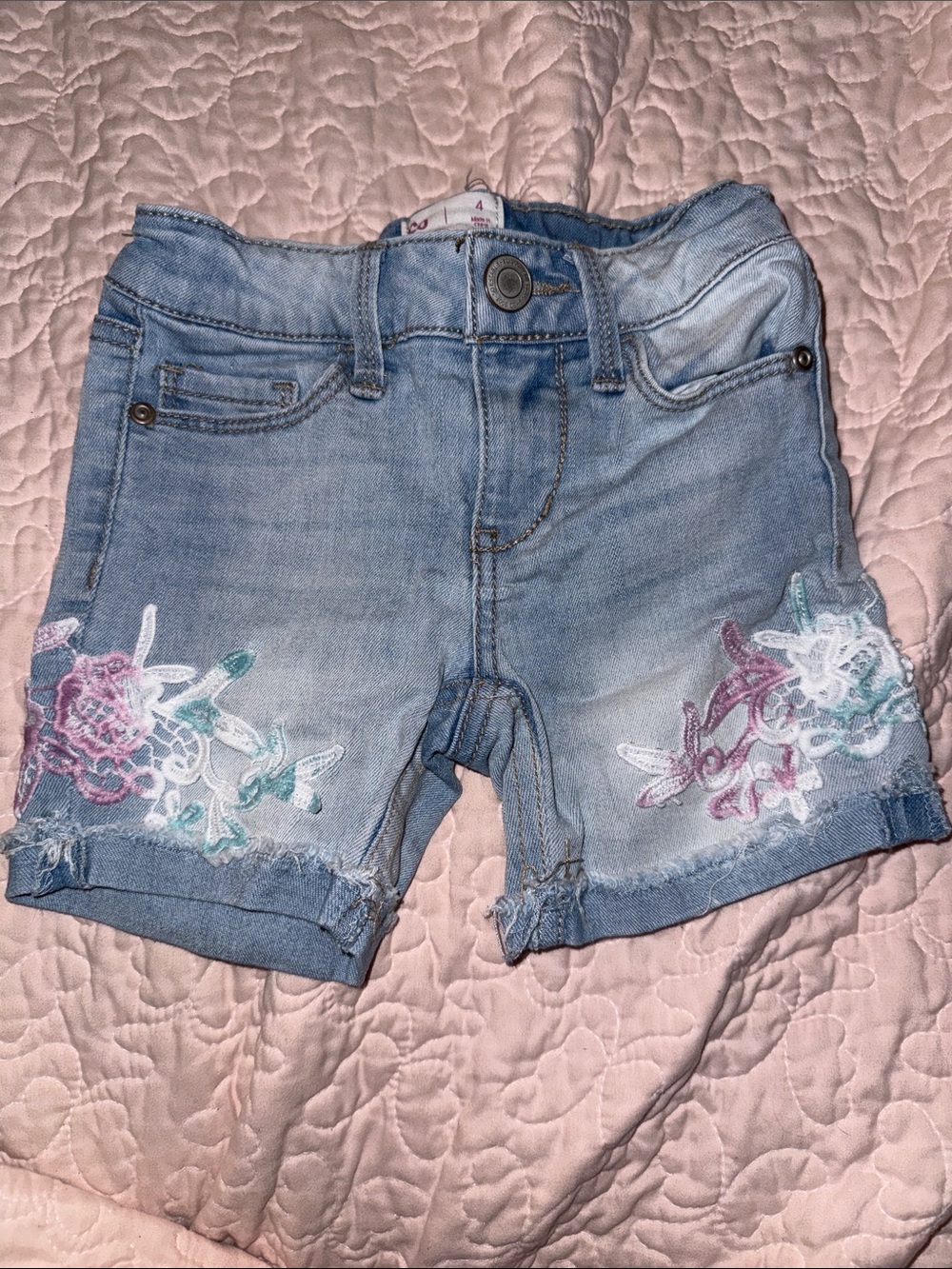 SO Light Blue Denim Shorts with Pastel Floral Embroidery